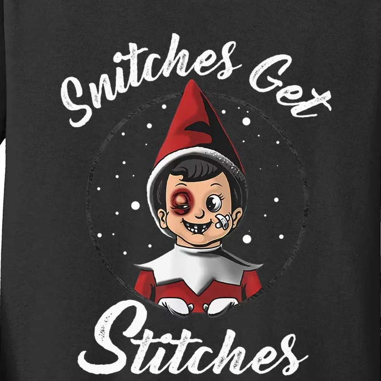 Snitches Get Stitches Elf On A Self Funny Christmas Xmas Holiday Kids Long Sleeve Shirt