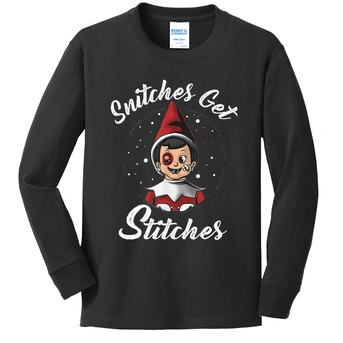 Snitches Get Stitches Elf On A Self Funny Christmas Xmas Holiday Kids Long Sleeve Shirt