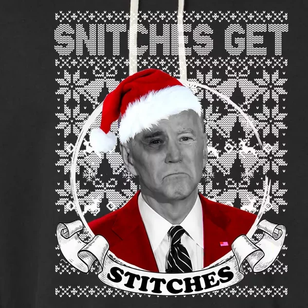 Snitches Get Stitches Funny Biden Elf Ugly Christmas Garment-Dyed Fleece Hoodie