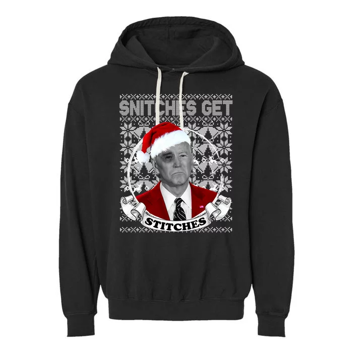 Snitches Get Stitches Funny Biden Elf Ugly Christmas Garment-Dyed Fleece Hoodie