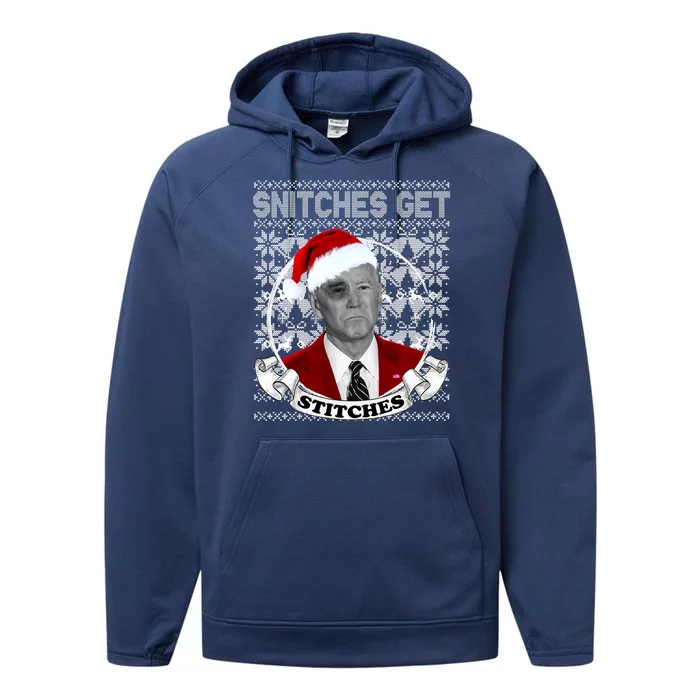 Snitches Get Stitches Funny Biden Elf Ugly Christmas Performance Fleece Hoodie