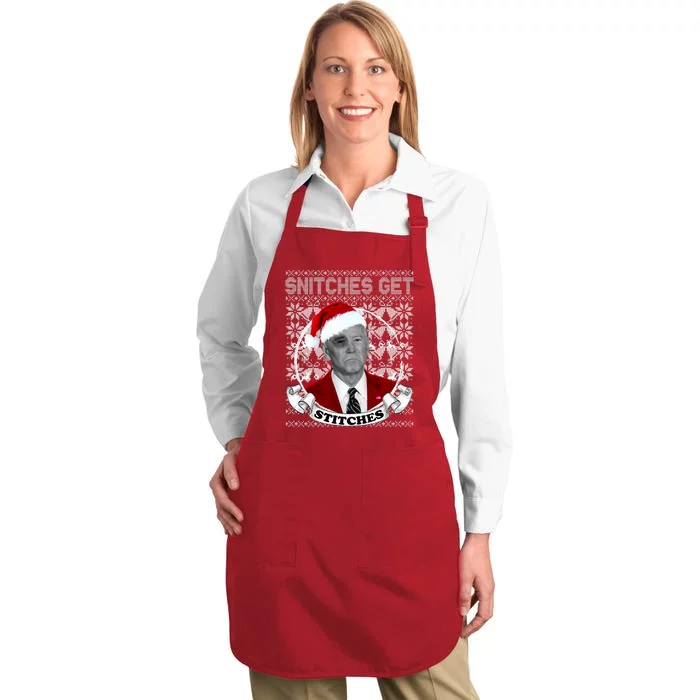 Snitches Get Stitches Funny Biden Elf Ugly Christmas Full-Length Apron With Pocket