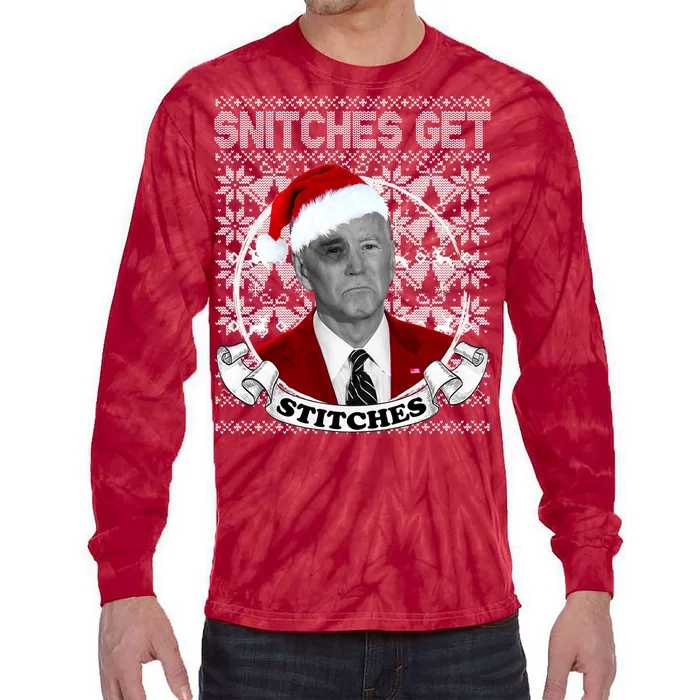 Snitches Get Stitches Funny Biden Elf Ugly Christmas Tie-Dye Long Sleeve Shirt