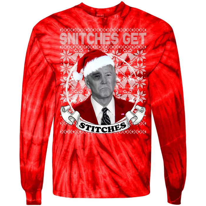 Snitches Get Stitches Funny Biden Elf Ugly Christmas Tie-Dye Long Sleeve Shirt