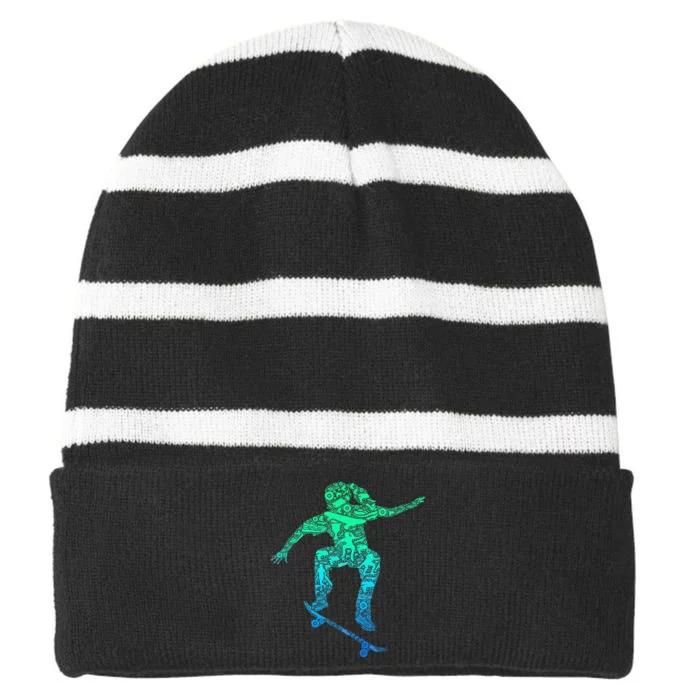 Skater Girl Skateboarder Girl Skateboarding Striped Beanie with Solid Band