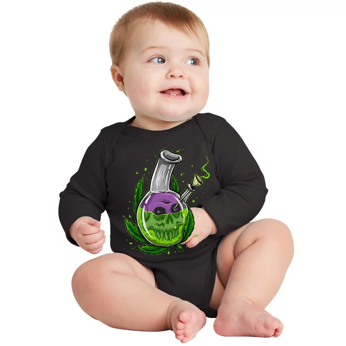 Stoner Gift Smoking Weed Leaf & Skull Marijuana Baby Long Sleeve Bodysuit