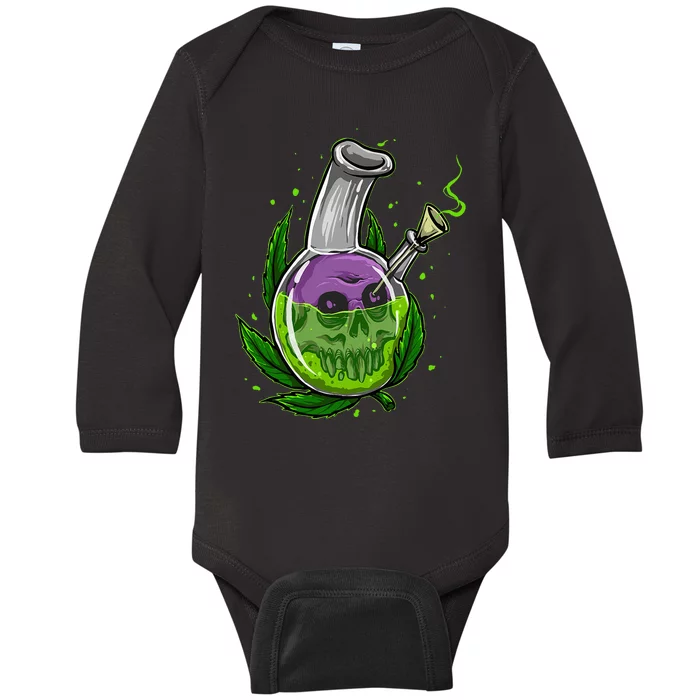 Stoner Gift Smoking Weed Leaf & Skull Marijuana Baby Long Sleeve Bodysuit