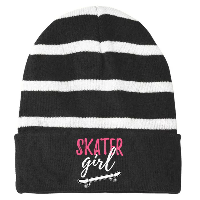 Skater Girl Skateboarding Skateboard Gift Striped Beanie with Solid Band