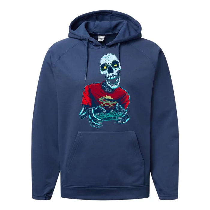 Scary Gamer Skeleton Playing Video Games Graphic Performance Fleece Hoodie