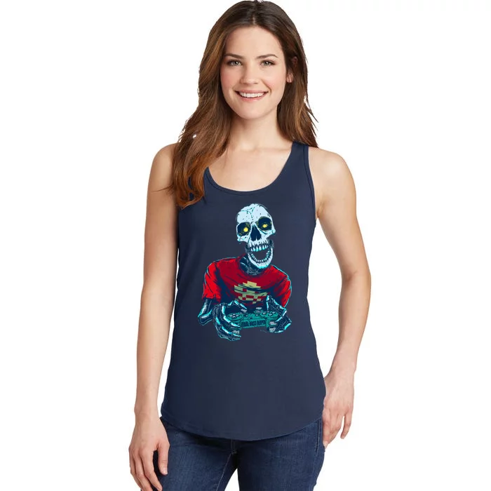 Scary Gamer Skeleton Playing Video Games Graphic Ladies Essential Tank