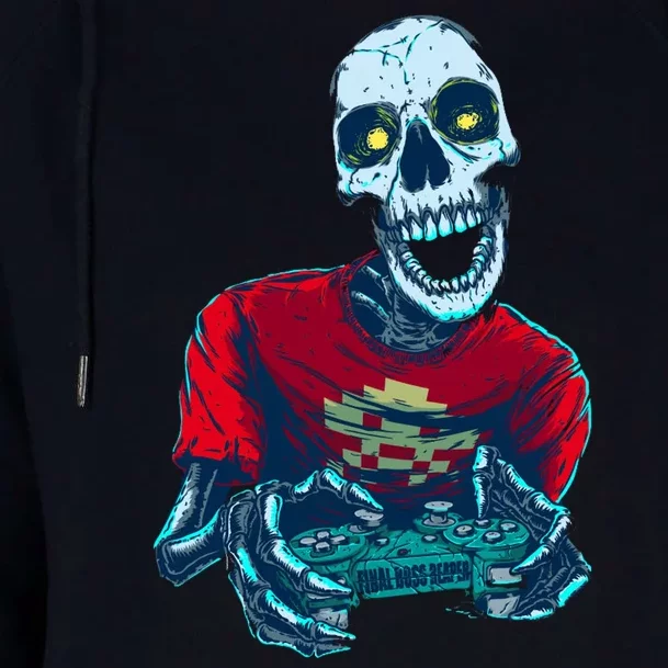 Scary Gamer Skeleton Playing Video Games Graphic Womens Funnel Neck Pullover Hood