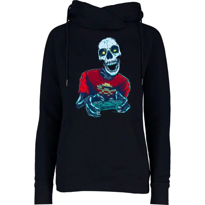 Scary Gamer Skeleton Playing Video Games Graphic Womens Funnel Neck Pullover Hood