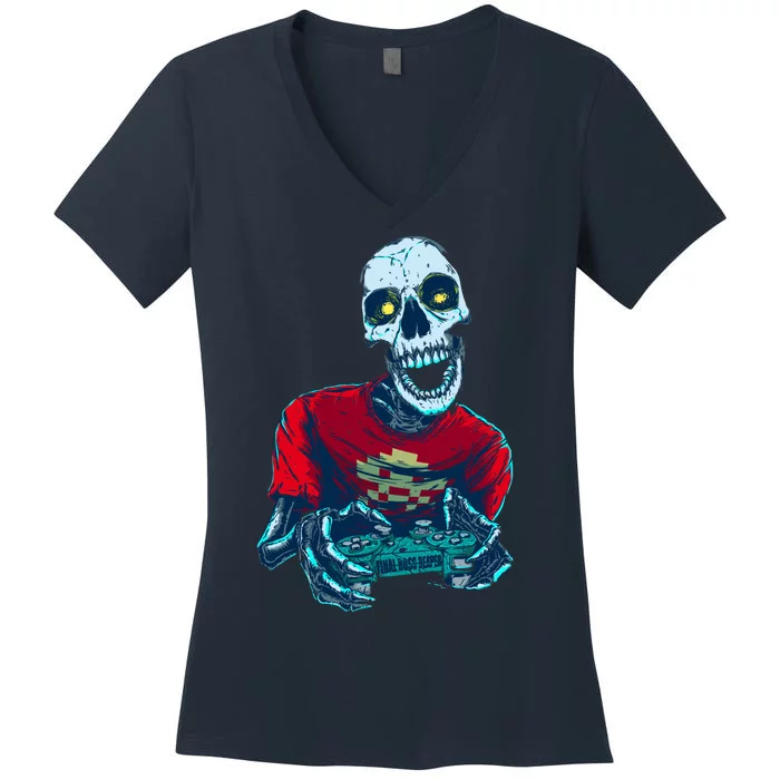 Scary Gamer Skeleton Playing Video Games Graphic Women's V-Neck T-Shirt