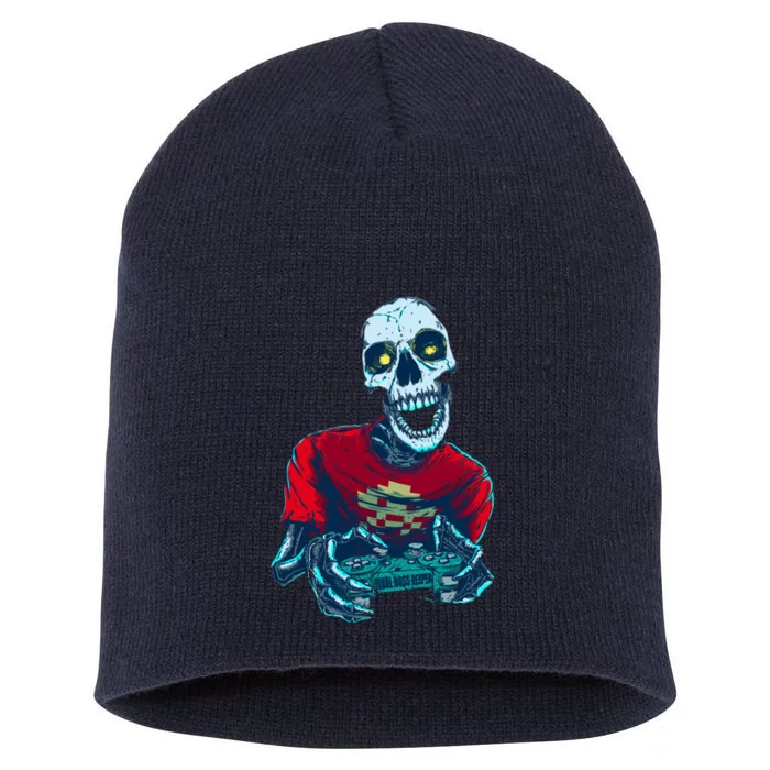 Scary Gamer Skeleton Playing Video Games Graphic Short Acrylic Beanie