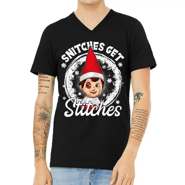 Snitches Get Stitches The Elf Xmas Funny Christmas V-Neck T-Shirt