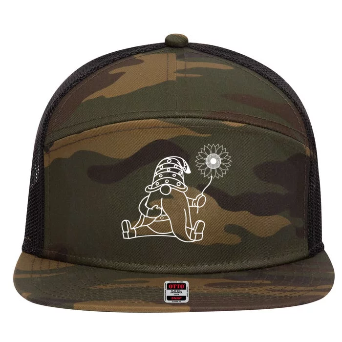 Sunflower Gnome Summer Fun Illustration 7 Panel Mesh Trucker Snapback Hat