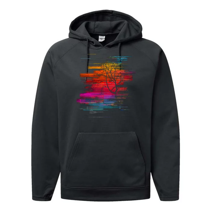 Sunset Glitch Tree Performance Fleece Hoodie