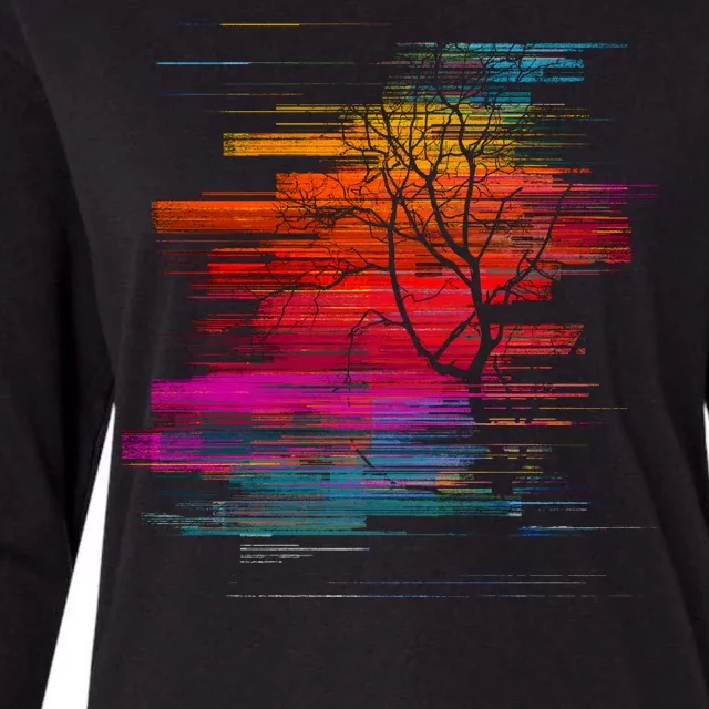 Sunset Glitch Tree Womens Cotton Relaxed Long Sleeve T-Shirt