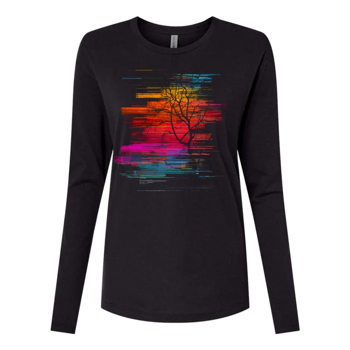 Sunset Glitch Tree Womens Cotton Relaxed Long Sleeve T-Shirt