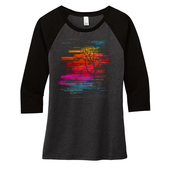 Sunset Glitch Tree Women's Tri-Blend 3/4-Sleeve Raglan Shirt