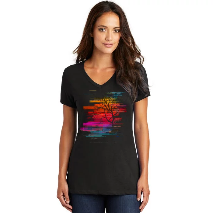 Sunset Glitch Tree Women's V-Neck T-Shirt