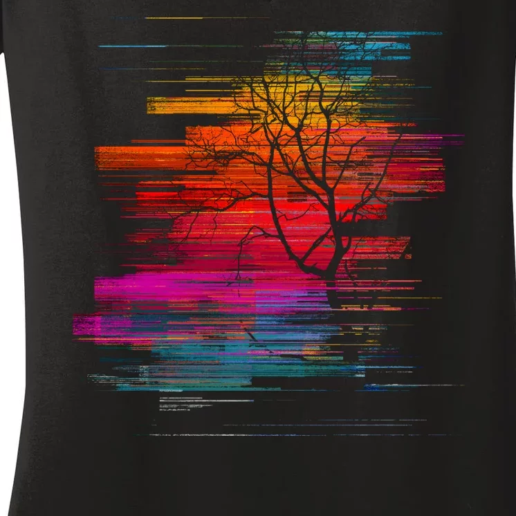 Sunset Glitch Tree Women's V-Neck T-Shirt