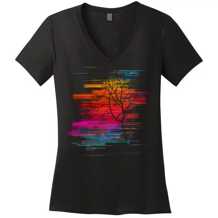 Sunset Glitch Tree Women's V-Neck T-Shirt