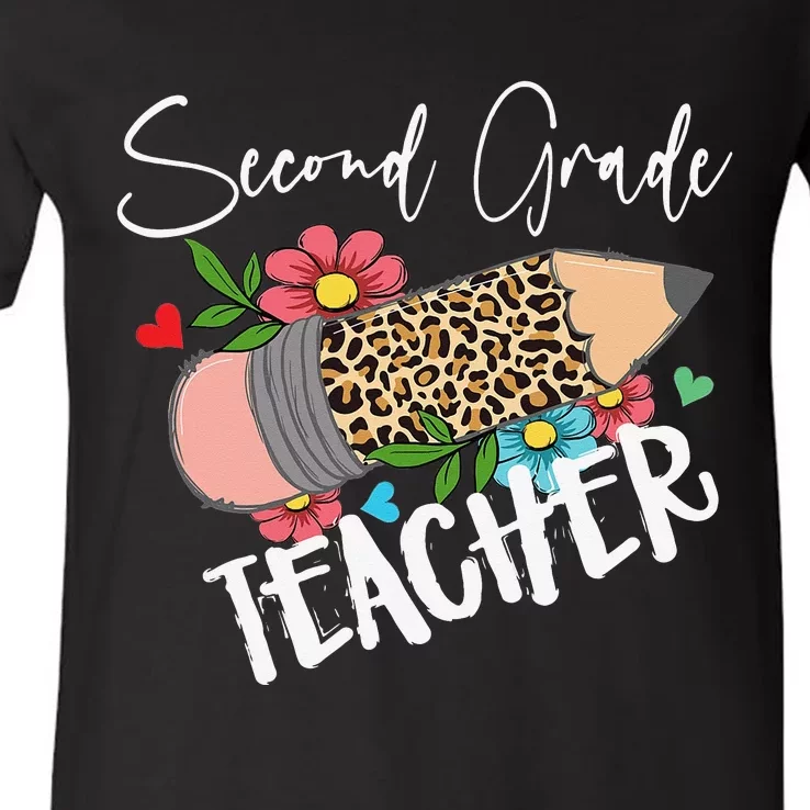 Second Grade Teacher Leopard Pencil 2nd Grade Teacher V-Neck T-Shirt