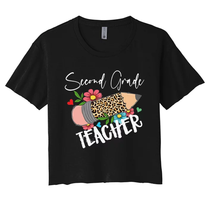 Second Grade Teacher Leopard Pencil 2nd Grade Teacher Women's Crop Top Tee