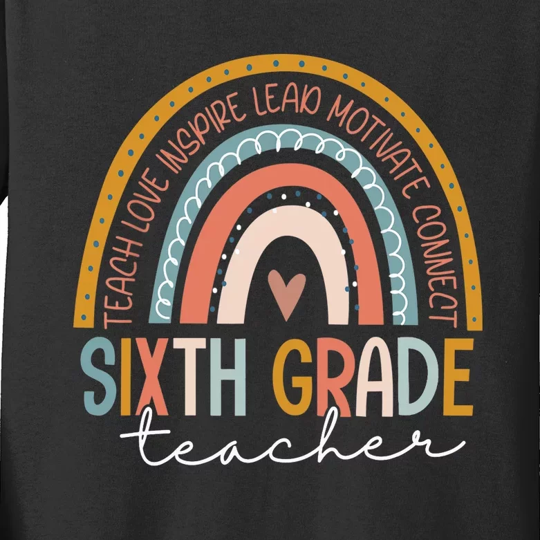 Sixth Grade Teacher Teach Love Inspire Boho Rainbow Kids Long Sleeve Shirt