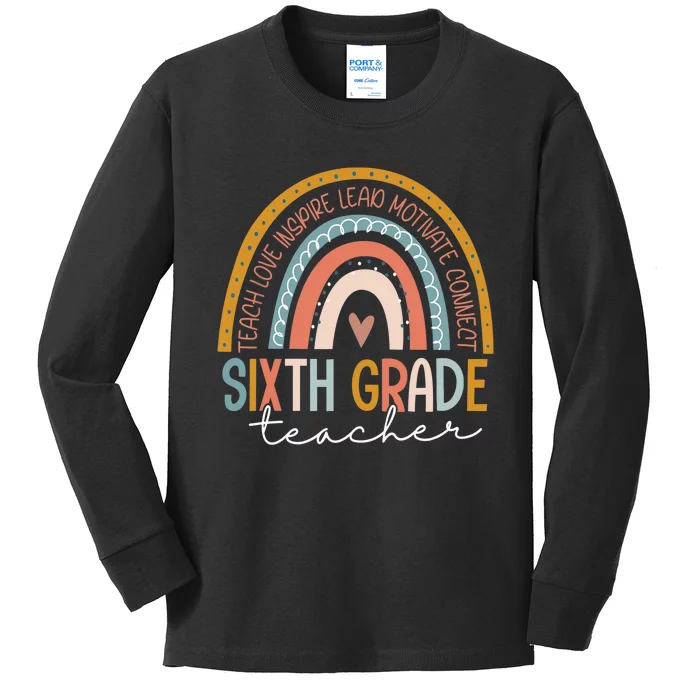 Sixth Grade Teacher Teach Love Inspire Boho Rainbow Kids Long Sleeve Shirt