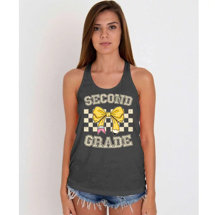 Second Grade Teacher Coquette Pencil Bow Back To School Women's Knotted Racerback Tank