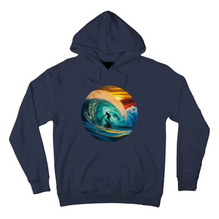 Surfer Getting Tubed And Barreled At Sunset. Art Print. Tall Hoodie