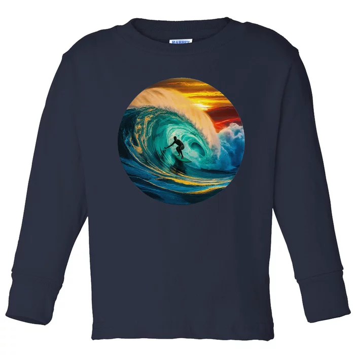 Surfer Getting Tubed And Barreled At Sunset. Art Print. Toddler Long Sleeve Shirt