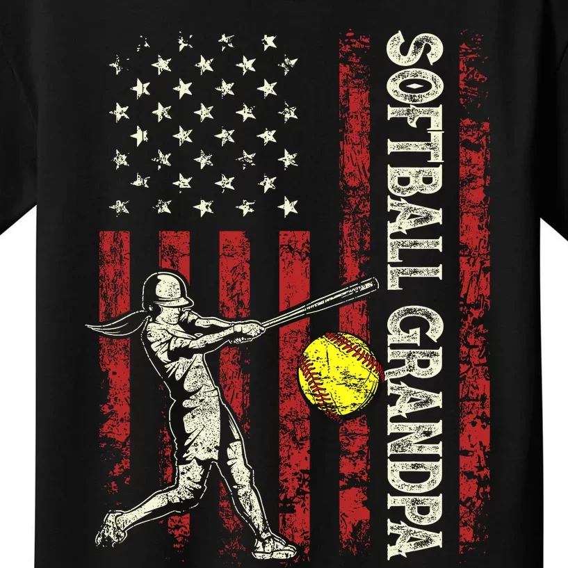 Softball Grandpa Us Flag Gifts Dad Patriotic Fathers Day Kids T-Shirt