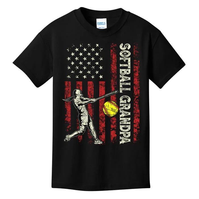 Softball Grandpa Us Flag Gifts Dad Patriotic Fathers Day Kids T-Shirt