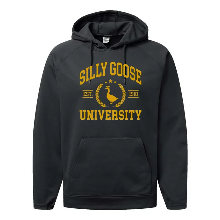 Silly Goose University Funny Goose On The Loose Funny Saying Performance Fleece Hoodie