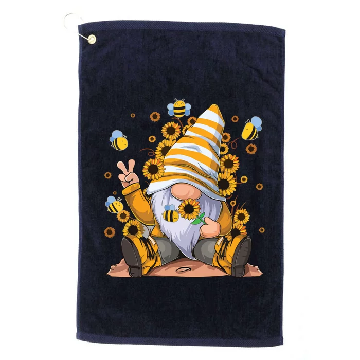 Sunflower Gnome With Bee Funny Hippie Gnome Platinum Collection Golf Towel