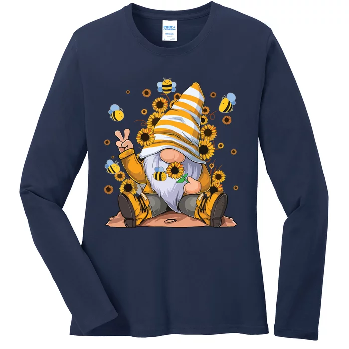 Sunflower Gnome With Bee Funny Hippie Gnome Ladies Long Sleeve Shirt