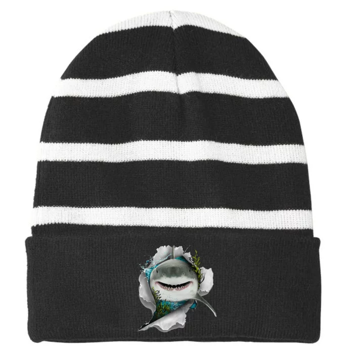 Shark Great White Shark Deep Sea Fishing Funny Shark Striped Beanie with Solid Band