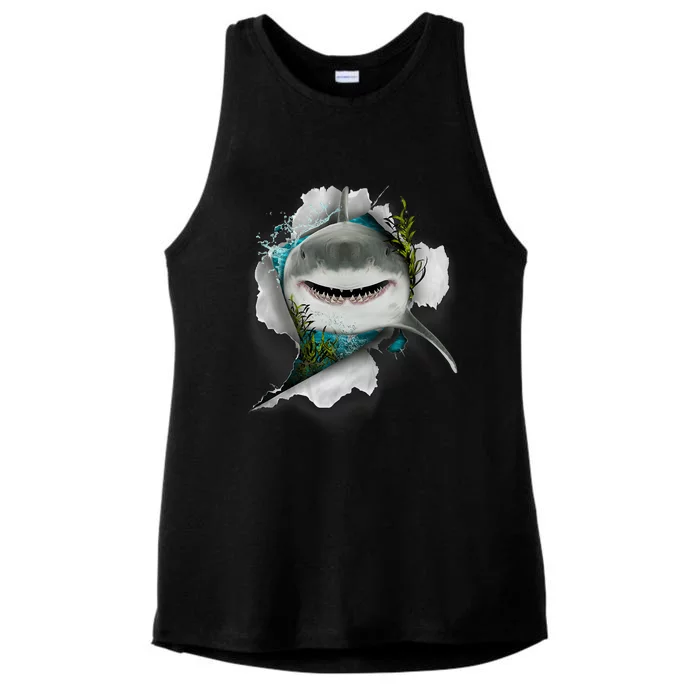 Shark Great White Shark Deep Sea Fishing Funny Shark Ladies Tri-Blend Wicking Tank