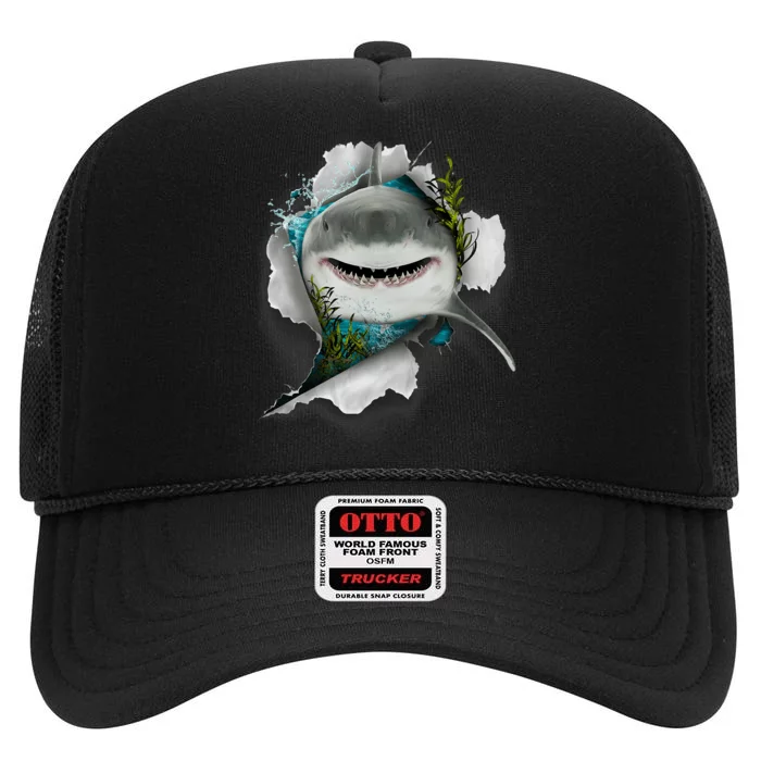 Shark Great White Shark Deep Sea Fishing Funny Shark High Crown Mesh Trucker Hat