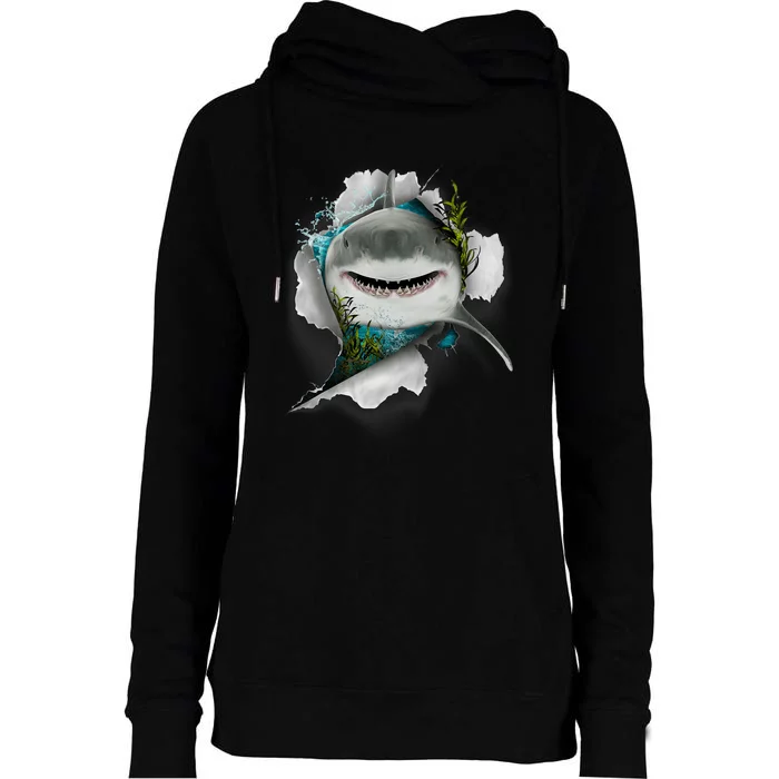 Shark Great White Shark Deep Sea Fishing Funny Shark Womens Funnel Neck Pullover Hood