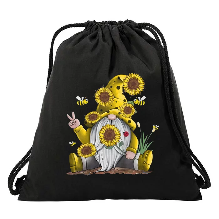 Sunflower Gnome With Bee Funny Hippie Gnome Drawstring Bag