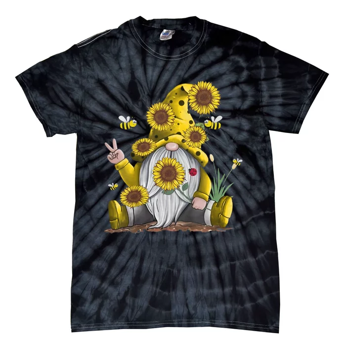 Sunflower Gnome With Bee Funny Hippie Gnome Tie-Dye T-Shirt