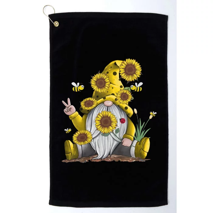 Sunflower Gnome With Bee Funny Hippie Gnome Platinum Collection Golf Towel