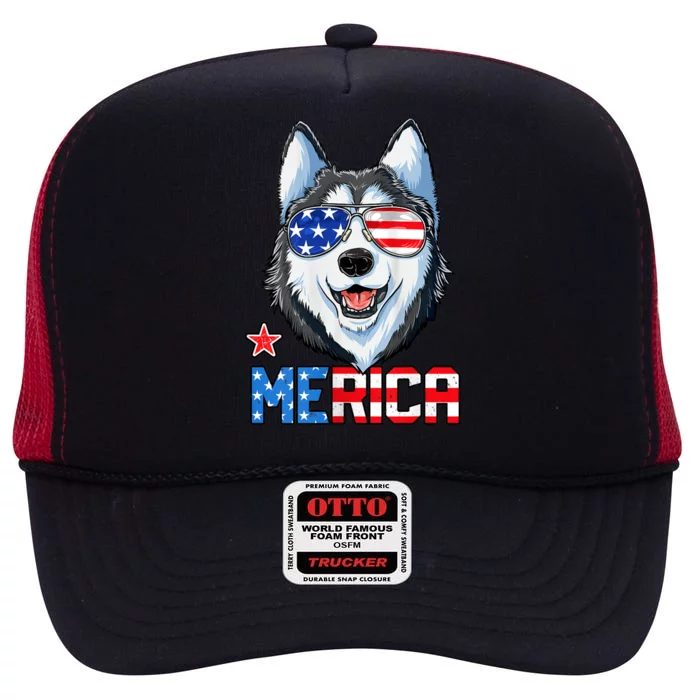 Siberian Husky 4th Of July Gifts Merica American Flag High Crown Mesh Trucker Hat