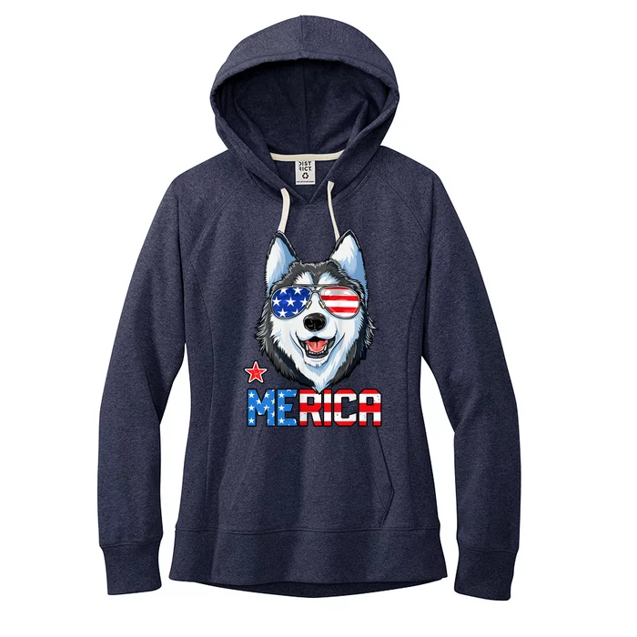 Siberian Husky 4th Of July Gifts Merica American Flag Women's Fleece Hoodie