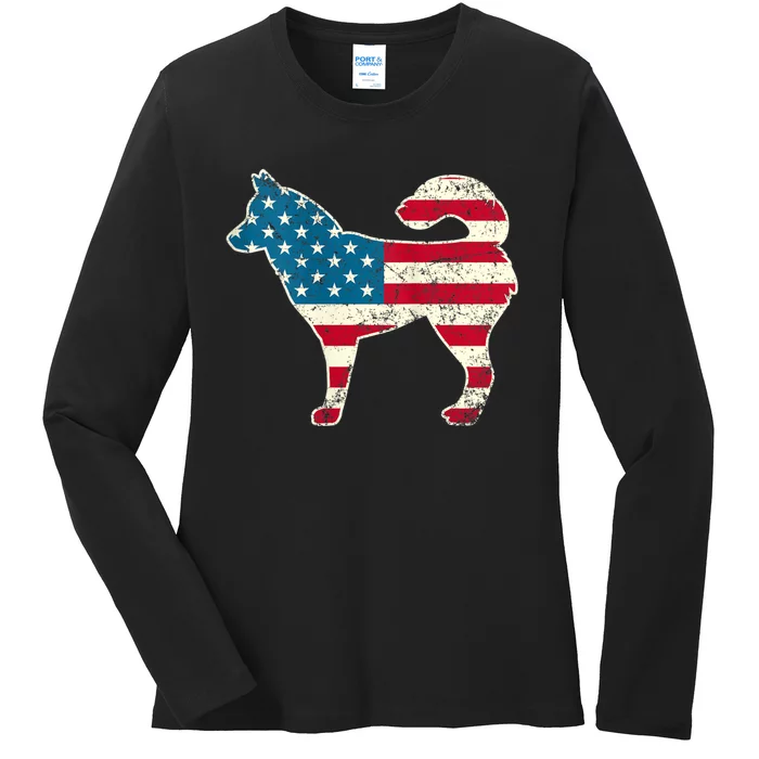 Siberian Husky 4th Of July Dog Lover American Flag Ladies Long Sleeve Shirt