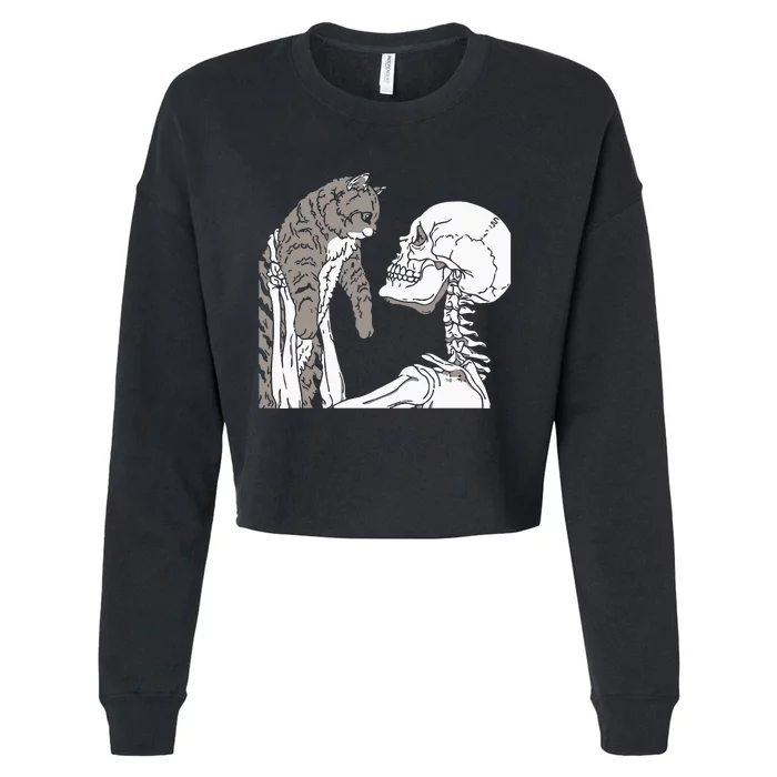 Skeleton Holding A Cat Lazy Halloween Costume Skull Cropped Pullover Crew